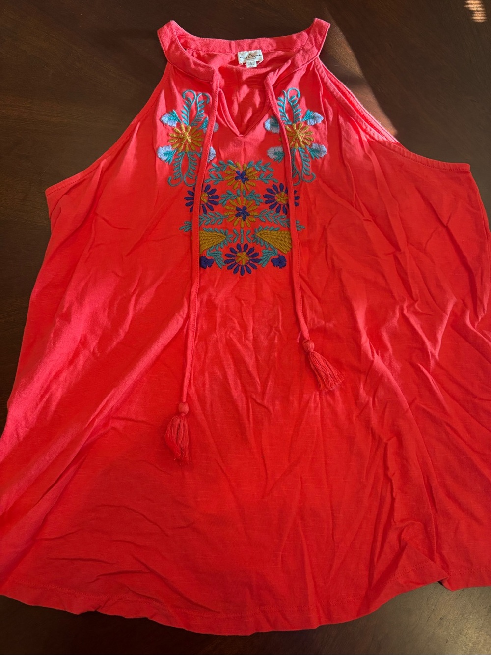 Embroidered Coral Tank Top with Tassel Tie